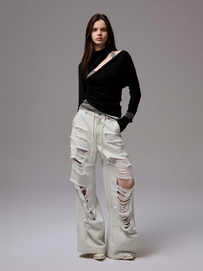 Pleated Slanted Shoulder Cutout Asymmetrical Design Long Sleeve T-Shirt【s0000014260】