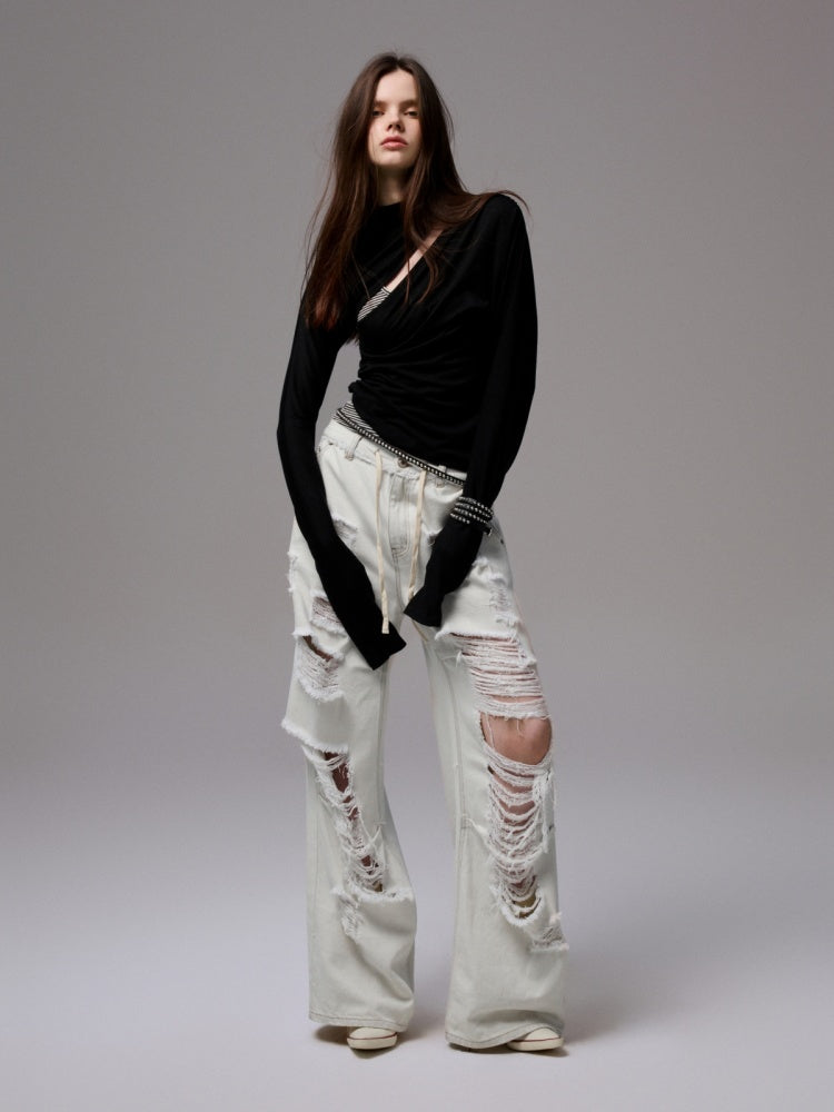 Pleated Slanted Shoulder Cutout Asymmetrical Design Long Sleeve T-Shirt【s0000014260】