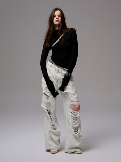 Pleated Slanted Shoulder Cutout Asymmetrical Design Long Sleeve T-Shirt【s0000014260】