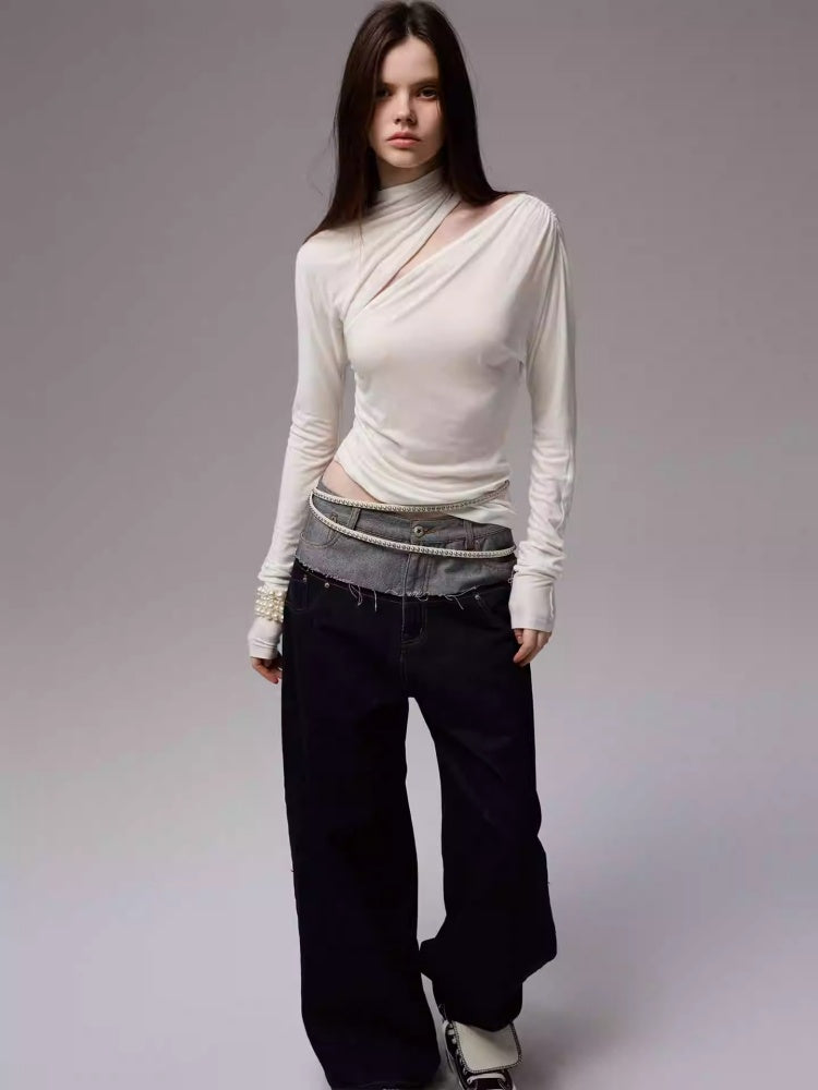 Pleated Slanted Shoulder Cutout Asymmetrical Design Long Sleeve T-Shirt【s0000014260】