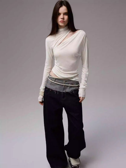 Pleated Slanted Shoulder Cutout Asymmetrical Design Long Sleeve T-Shirt【s0000014260】