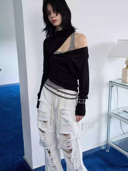 Pleated Slanted Shoulder Cutout Asymmetrical Design Long Sleeve T-Shirt【s0000014260】