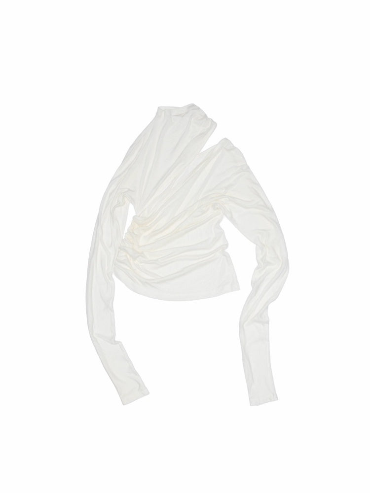 Pleated Slanted Shoulder Cutout Asymmetrical Design Long Sleeve T-Shirt【s0000014260】