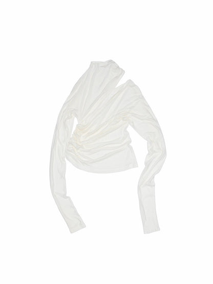 Pleated Slanted Shoulder Cutout Asymmetrical Design Long Sleeve T-Shirt【s0000014260】
