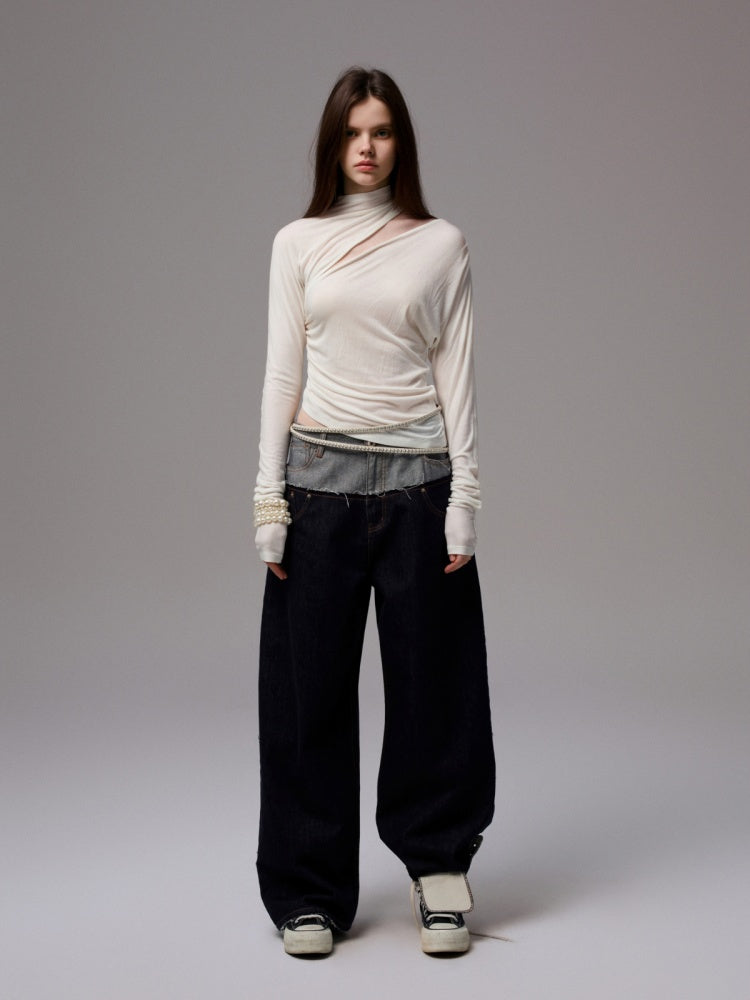 Pleated Slanted Shoulder Cutout Asymmetrical Design Long Sleeve T-Shirt【s0000014260】
