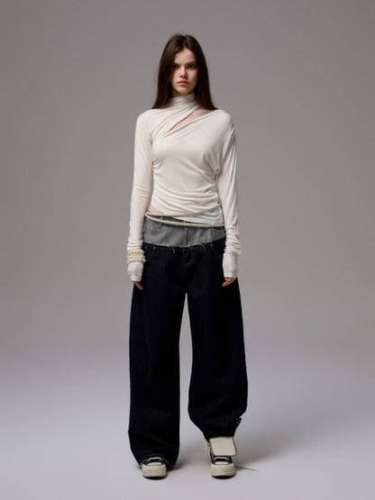 Pleated Slanted Shoulder Cutout Asymmetrical Design Long Sleeve T-Shirt【s0000014260】