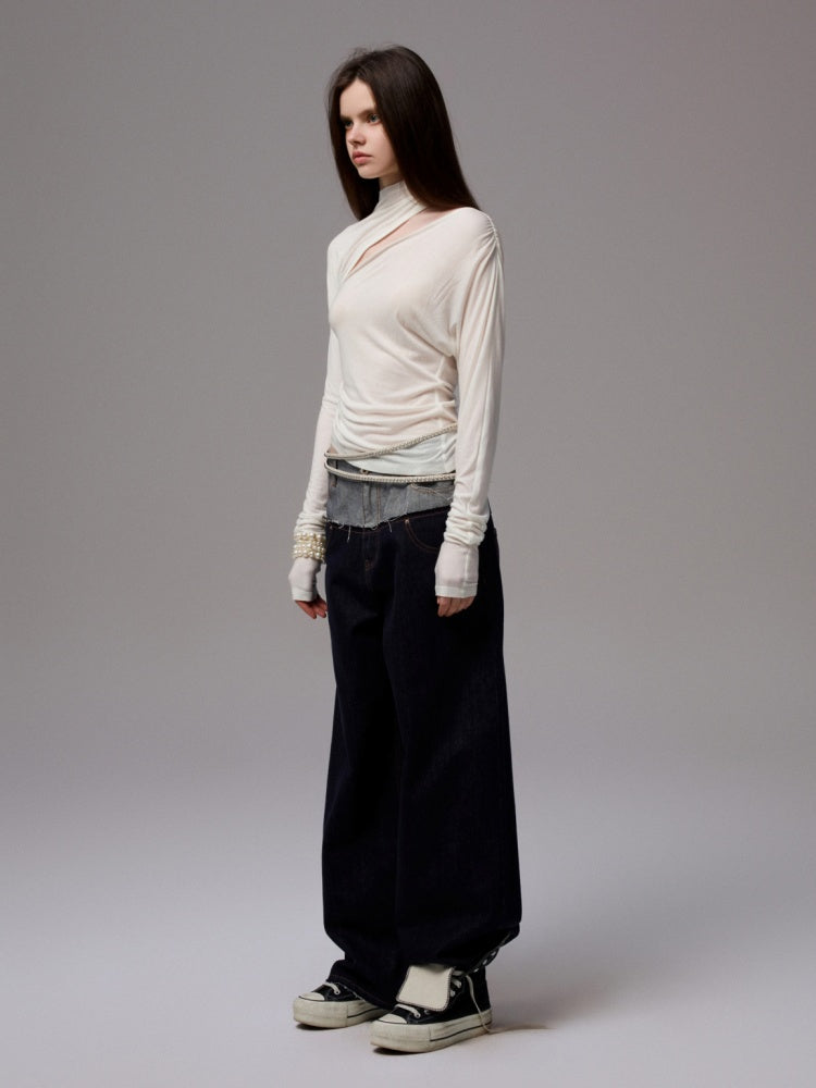 Pleated Slanted Shoulder Cutout Asymmetrical Design Long Sleeve T-Shirt【s0000014260】