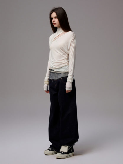 Pleated Slanted Shoulder Cutout Asymmetrical Design Long Sleeve T-Shirt【s0000014260】