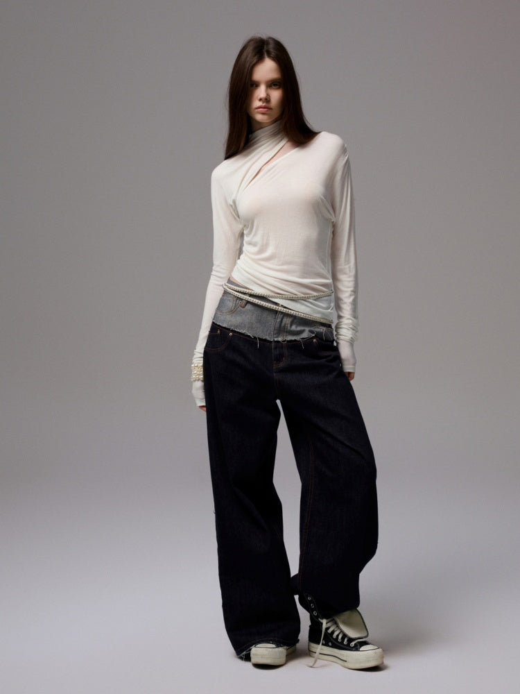 Pleated Slanted Shoulder Cutout Asymmetrical Design Long Sleeve T-Shirt【s0000014260】