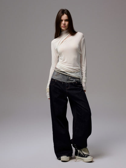 Pleated Slanted Shoulder Cutout Asymmetrical Design Long Sleeve T-Shirt【s0000014260】
