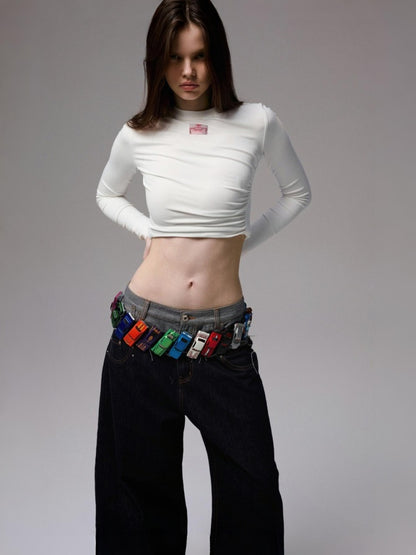 Solid Color Crew Neck Asymmetrical Pleated Shoulder Waist Slimming Long Sleeve T-Shirt【s0000014261】