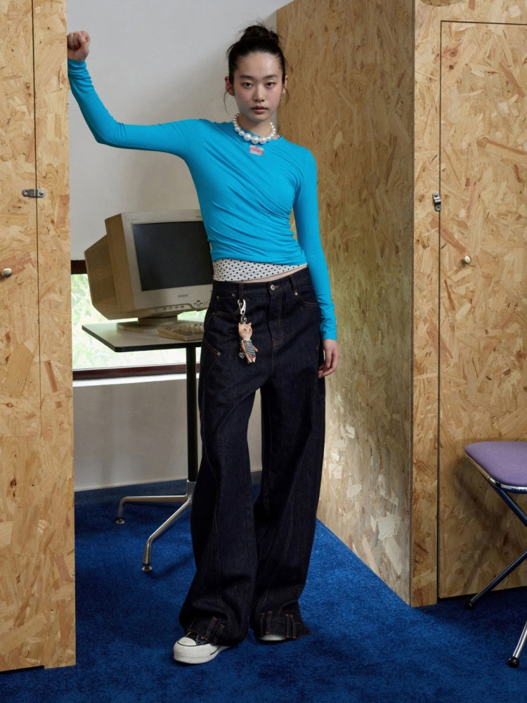 Solid Color Crew Neck Asymmetrical Pleated Shoulder Waist Slimming Long Sleeve T-Shirt【s0000014261】