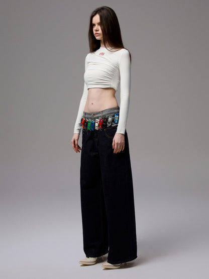Solid Color Crew Neck Asymmetrical Pleated Shoulder Waist Slimming Long Sleeve T-Shirt【s0000014261】