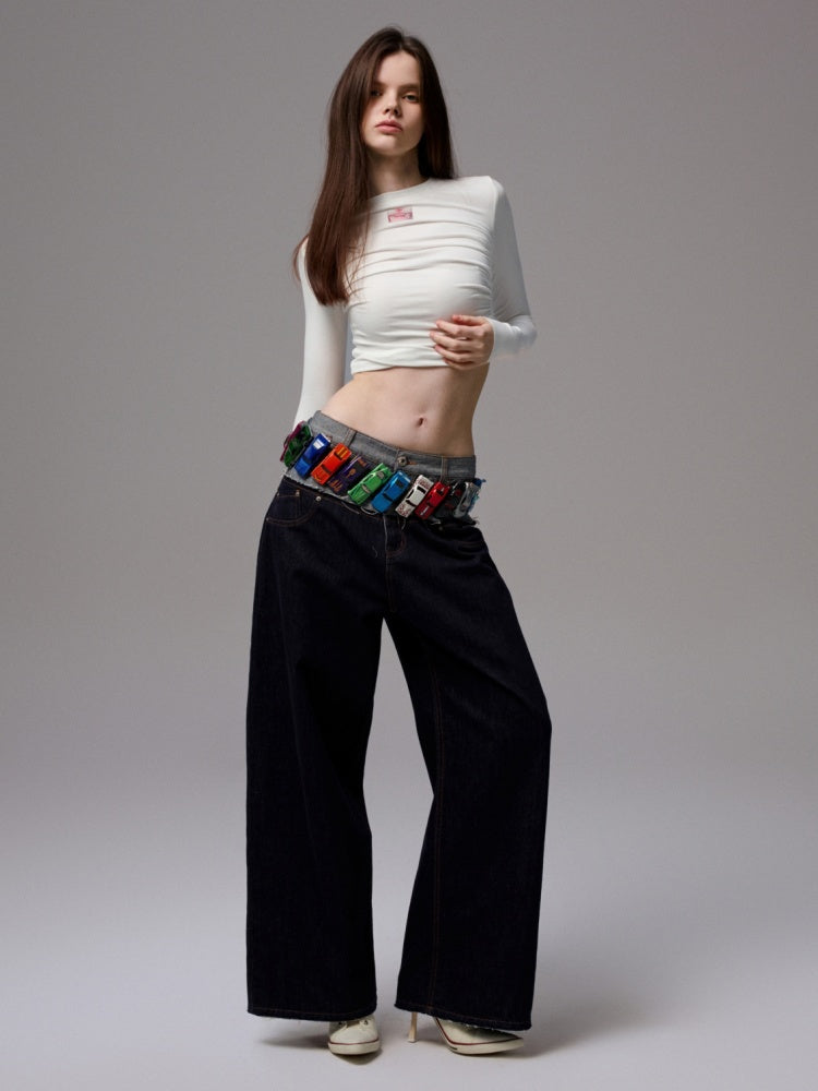 Solid Color Crew Neck Asymmetrical Pleated Shoulder Waist Slimming Long Sleeve T-Shirt【s0000014261】