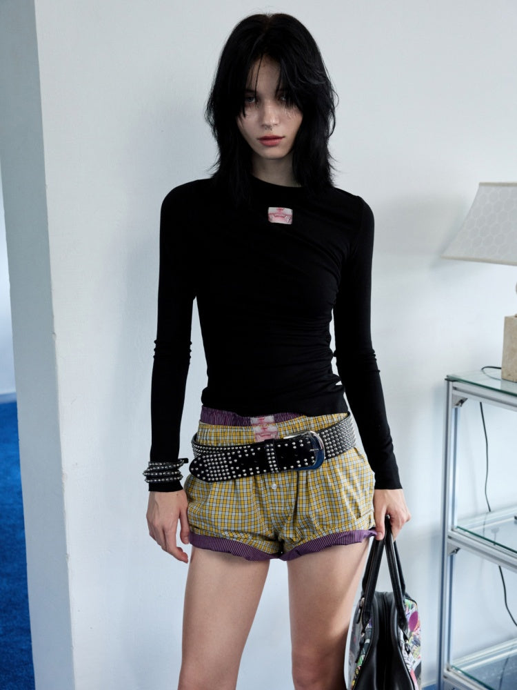 Solid Color Crew Neck Asymmetrical Pleated Shoulder Waist Slimming Long Sleeve T-Shirt【s0000014261】