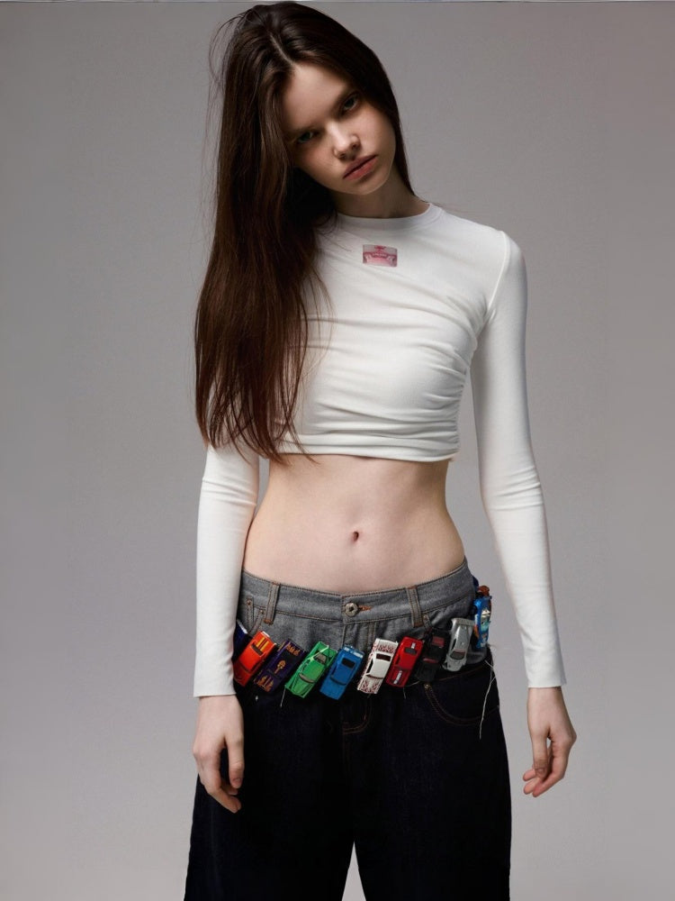 Solid Color Crew Neck Asymmetrical Pleated Shoulder Waist Slimming Long Sleeve T-Shirt【s0000014261】