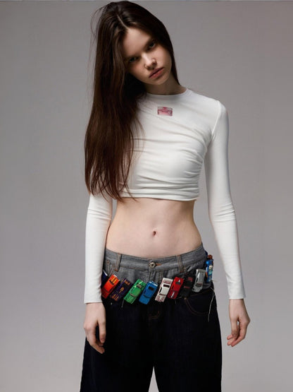 Solid Color Crew Neck Asymmetrical Pleated Shoulder Waist Slimming Long Sleeve T-Shirt【s0000014261】