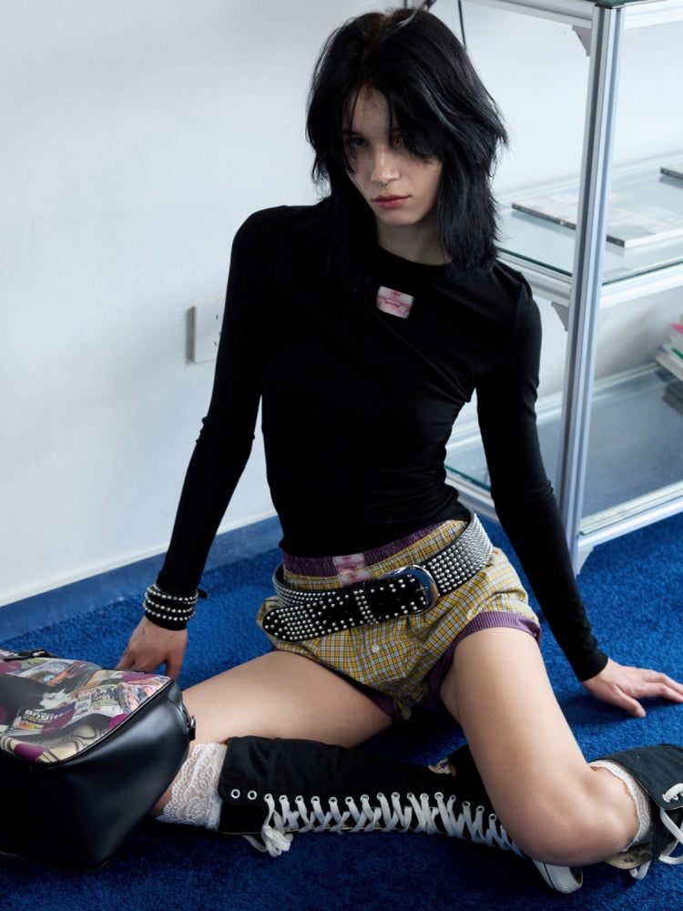 Solid Color Crew Neck Asymmetrical Pleated Shoulder Waist Slimming Long Sleeve T-Shirt【s0000014261】