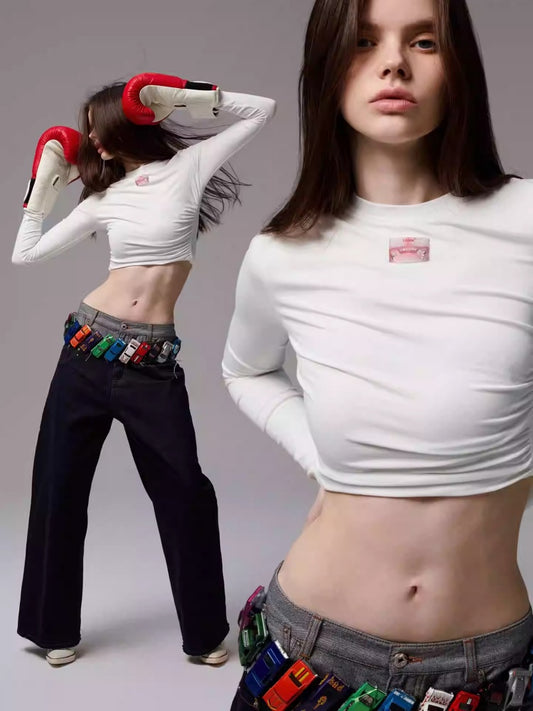 Solid Color Crew Neck Asymmetrical Pleated Shoulder Waist Slimming Long Sleeve T-Shirt【s0000014261】