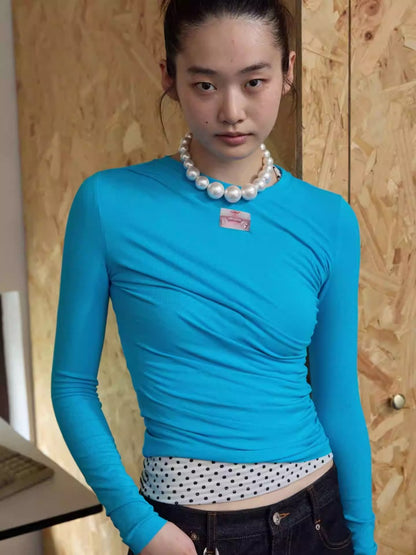Solid Color Crew Neck Asymmetrical Pleated Shoulder Waist Slimming Long Sleeve T-Shirt【s0000014261】