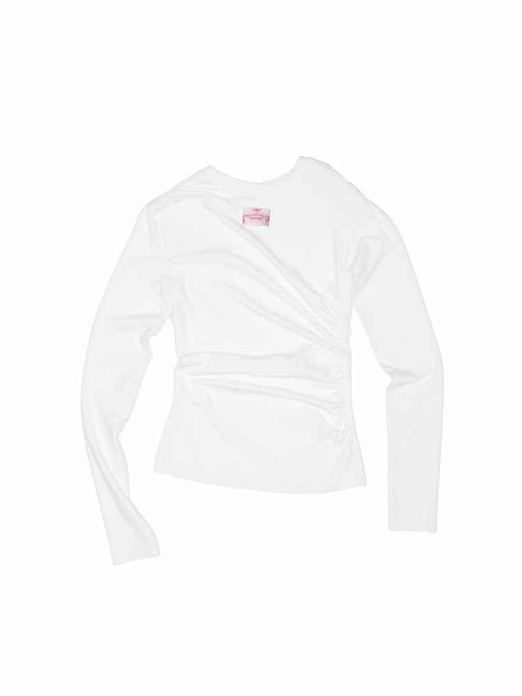 Solid Color Crew Neck Asymmetrical Pleated Shoulder Waist Slimming Long Sleeve T-Shirt【s0000014261】