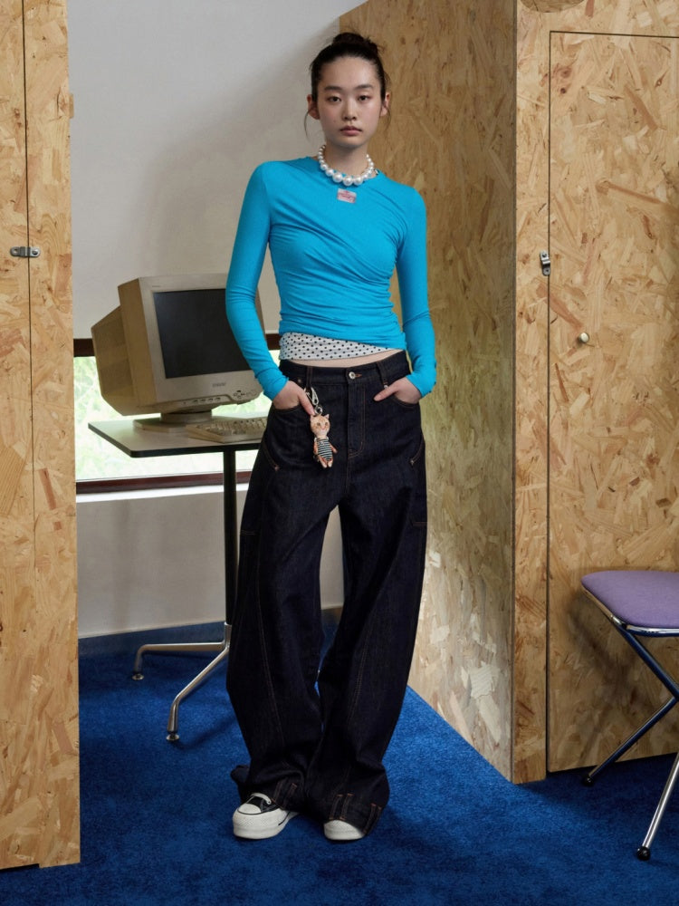 Solid Color Crew Neck Asymmetrical Pleated Shoulder Waist Slimming Long Sleeve T-Shirt【s0000014261】