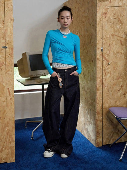 Solid Color Crew Neck Asymmetrical Pleated Shoulder Waist Slimming Long Sleeve T-Shirt【s0000014261】
