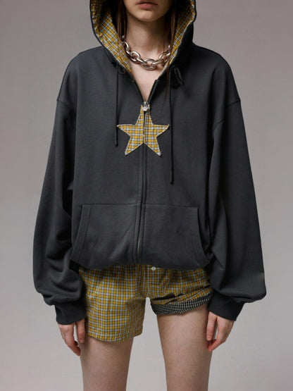 Five-Pointed Star Plaid Patchwork Flower Bud American Drawstring Casual Loose Hooded Sweatshirt【s0000014262】