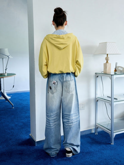 Five-Pointed Star Plaid Patchwork Flower Bud American Drawstring Casual Loose Hooded Sweatshirt【s0000014262】