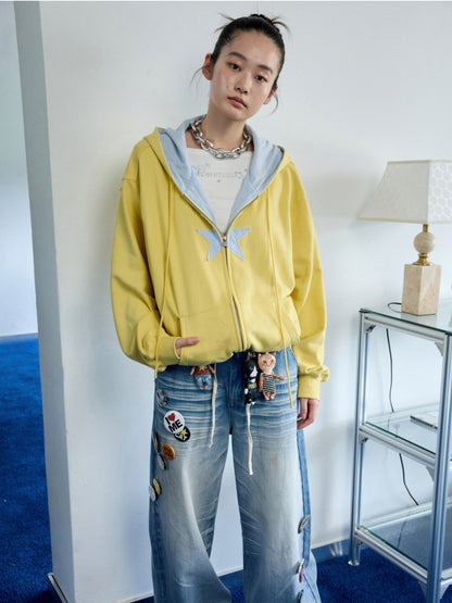 Five-Pointed Star Plaid Patchwork Flower Bud American Drawstring Casual Loose Hooded Sweatshirt【s0000014262】