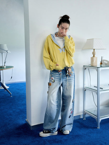 Five-Pointed Star Plaid Patchwork Flower Bud American Drawstring Casual Loose Hooded Sweatshirt【s0000014262】