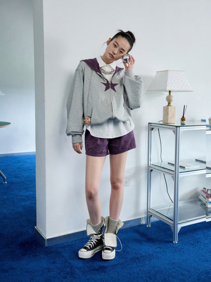 Five-Pointed Star Plaid Patchwork Flower Bud American Drawstring Casual Loose Hooded Sweatshirt【s0000014262】