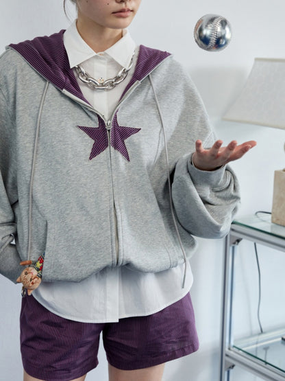 Five-Pointed Star Plaid Patchwork Flower Bud American Drawstring Casual Loose Hooded Sweatshirt【s0000014262】