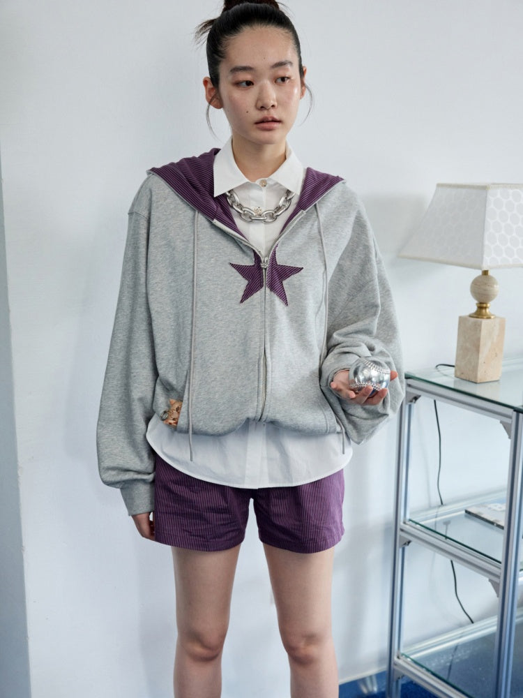 Five-Pointed Star Plaid Patchwork Flower Bud American Drawstring Casual Loose Hooded Sweatshirt【s0000014262】