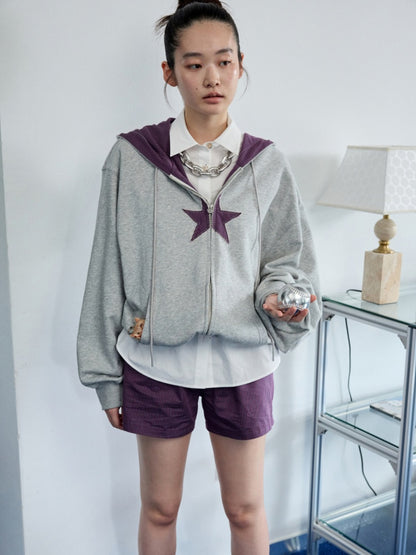 Five-Pointed Star Plaid Patchwork Flower Bud American Drawstring Casual Loose Hooded Sweatshirt【s0000014262】