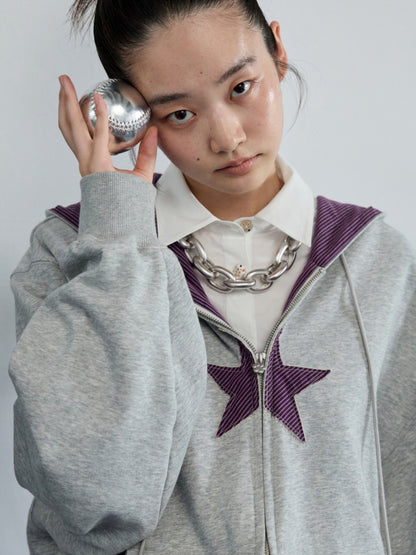 Five-Pointed Star Plaid Patchwork Flower Bud American Drawstring Casual Loose Hooded Sweatshirt【s0000014262】