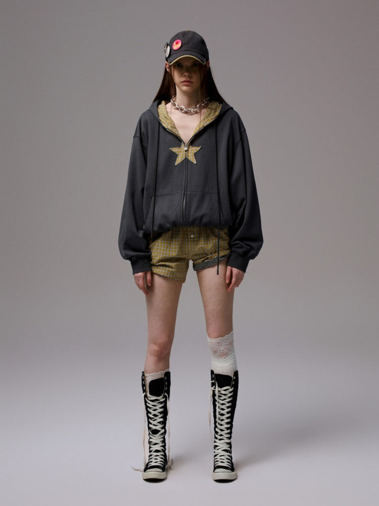 Five-Pointed Star Plaid Patchwork Flower Bud American Drawstring Casual Loose Hooded Sweatshirt【s0000014262】