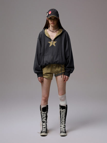 Five-Pointed Star Plaid Patchwork Flower Bud American Drawstring Casual Loose Hooded Sweatshirt【s0000014262】