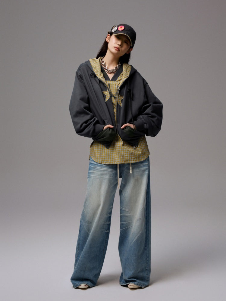 Five-Pointed Star Plaid Patchwork Flower Bud American Drawstring Casual Loose Hooded Sweatshirt【s0000014262】