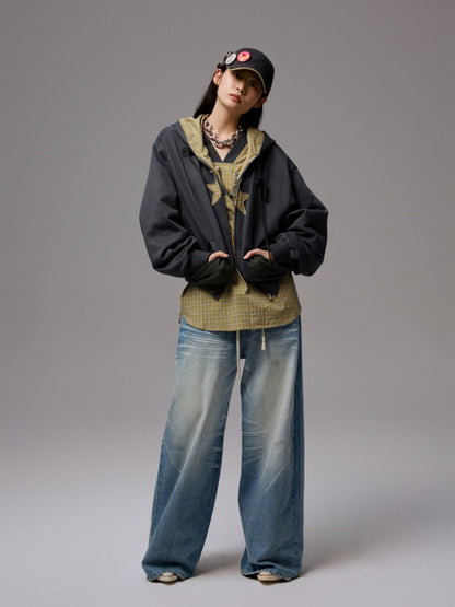 Five-Pointed Star Plaid Patchwork Flower Bud American Drawstring Casual Loose Hooded Sweatshirt【s0000014262】