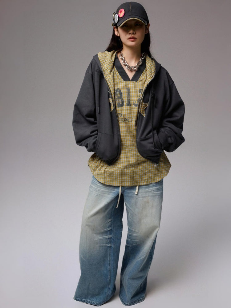 Five-Pointed Star Plaid Patchwork Flower Bud American Drawstring Casual Loose Hooded Sweatshirt【s0000014262】