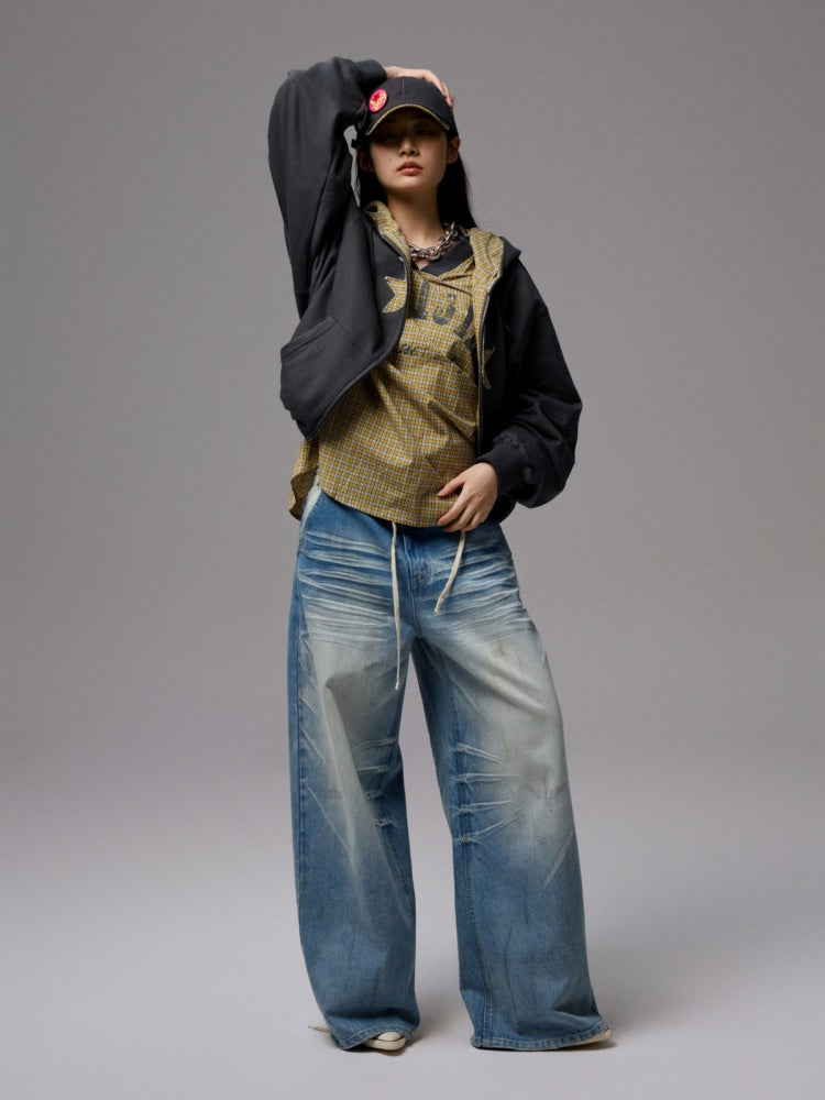 Five-Pointed Star Plaid Patchwork Flower Bud American Drawstring Casual Loose Hooded Sweatshirt【s0000014262】