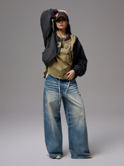 Five-Pointed Star Plaid Patchwork Flower Bud American Drawstring Casual Loose Hooded Sweatshirt【s0000014262】