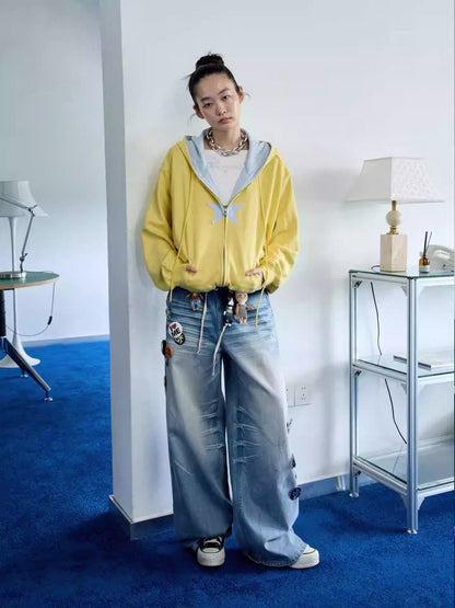 Five-Pointed Star Plaid Patchwork Flower Bud American Drawstring Casual Loose Hooded Sweatshirt【s0000014262】