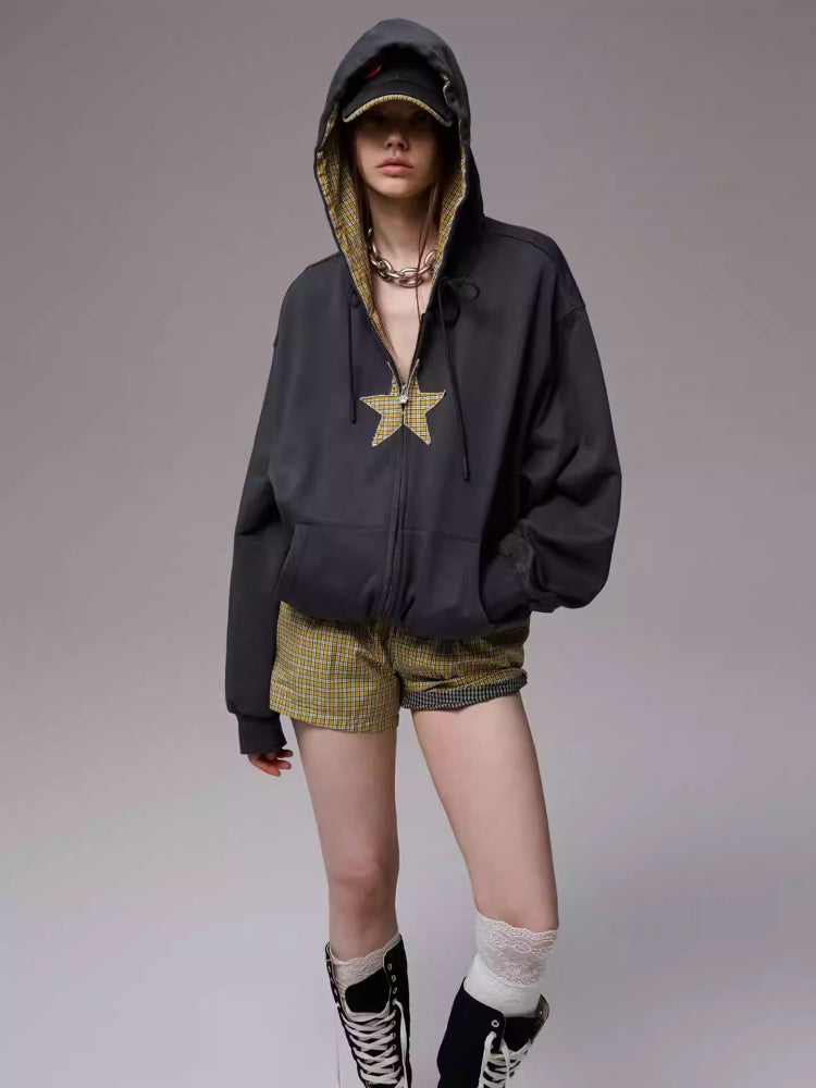 Five-Pointed Star Plaid Patchwork Flower Bud American Drawstring Casual Loose Hooded Sweatshirt【s0000014262】