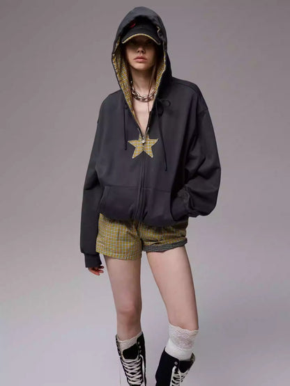 Five-Pointed Star Plaid Patchwork Flower Bud American Drawstring Casual Loose Hooded Sweatshirt【s0000014262】
