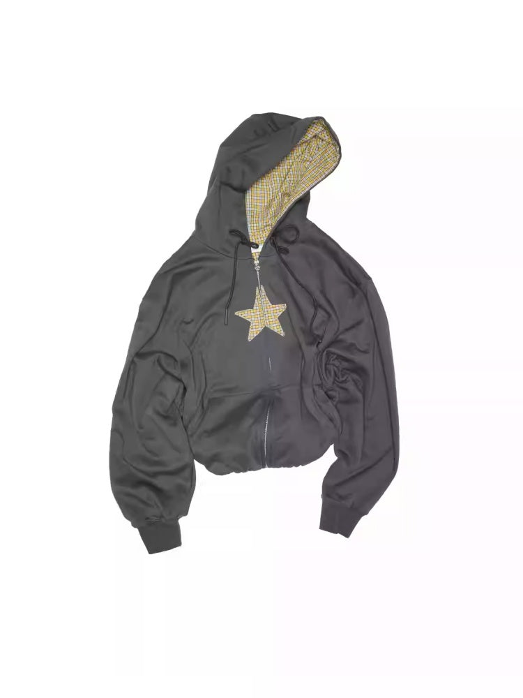 Five-Pointed Star Plaid Patchwork Flower Bud American Drawstring Casual Loose Hooded Sweatshirt【s0000014262】