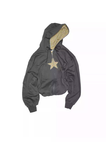 Five-Pointed Star Plaid Patchwork Flower Bud American Drawstring Casual Loose Hooded Sweatshirt【s0000014262】