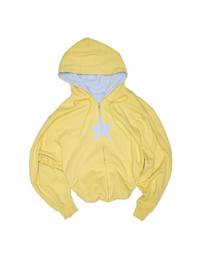 Five-Pointed Star Plaid Patchwork Flower Bud American Drawstring Casual Loose Hooded Sweatshirt【s0000014262】