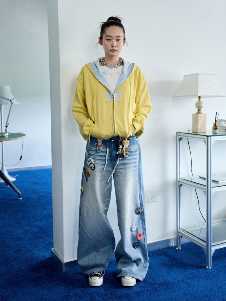 Five-Pointed Star Plaid Patchwork Flower Bud American Drawstring Casual Loose Hooded Sweatshirt【s0000014262】